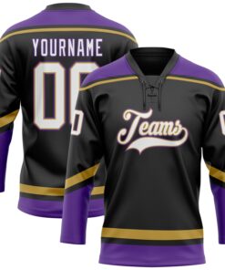 Custom Black White Old Gold-Purple Hockey Lace Neck Jersey
