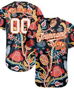 Custom Black White-Orange 3D Pattern Design Flowers Authentic Baseball Jersey