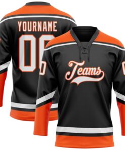 Custom Black White-Orange Hockey Lace Neck Jersey