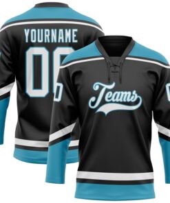Custom Black White-Panther Blue Hockey Lace Neck Jersey