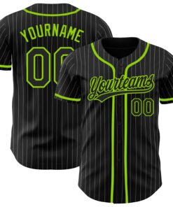 Custom Black White Pinstripe Black-Neon Green Authentic Baseball Jersey