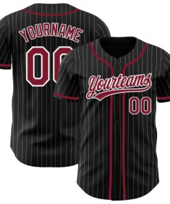 Custom Black White Pinstripe Crimson Authentic Baseball Jersey