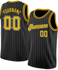Custom Black White Pinstripe Gold-White Authentic Basketball Jersey