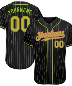 Custom Black White Pinstripe Neon Green-Pink Authentic Baseball Jersey