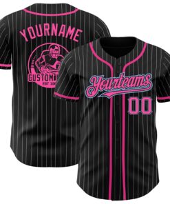 Custom Black White Pinstripe Pink-Light Blue Authentic Baseball Jersey