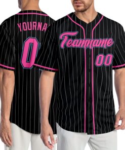 Custom Black White Pinstripe Pink-Light Blue Authentic Baseball Jersey