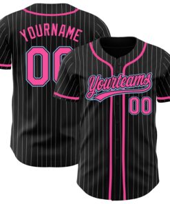 Custom Black White Pinstripe Pink-Light Blue Authentic Baseball Jersey