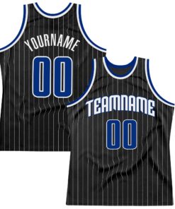 Custom Black White Pinstripe Royal-White Authentic Basketball Jersey
