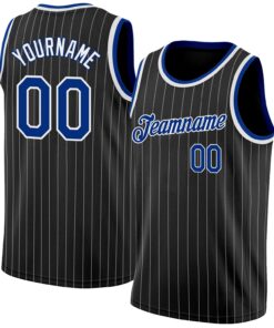Custom Black White Pinstripe Royal-White Authentic Basketball Jersey