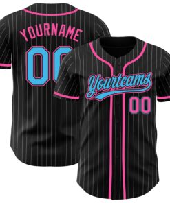 Custom Black White Pinstripe Sky Blue-Pink Authentic Baseball Jersey