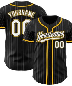 Custom Black White Pinstripe White-Gold Authentic Baseball Jersey