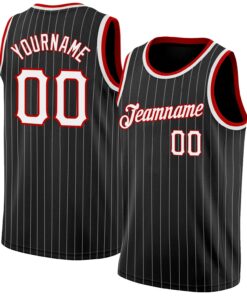 Custom Black White Pinstripe White-Red Authentic Basketball Jersey