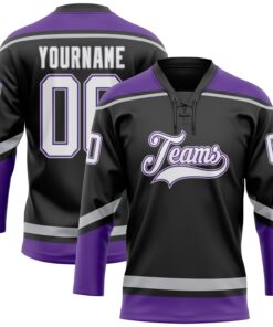 Custom Black White Purple-Gray Hockey Lace Neck Jersey