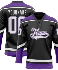Custom Black White-Purple Hockey Lace Neck Jersey