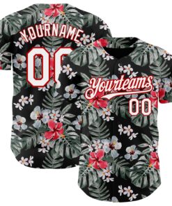 Custom Black White-Red 3D Pattern Design Tropical Hawaii Plant Authentic Baseball Jersey