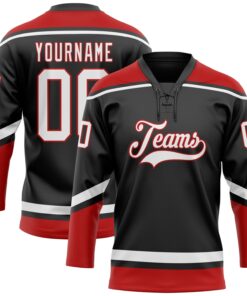 Custom Black White-Red Hockey Lace Neck Jersey