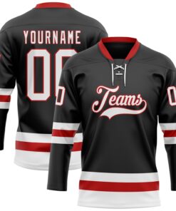 Custom Black White-Red Hockey Lace Neck Jersey