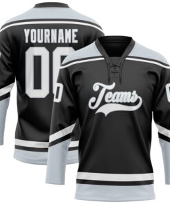 Custom Black White-Silver Hockey Lace Neck Jersey