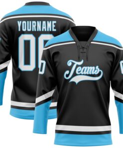 Custom Black White-Sky Blue Hockey Lace Neck Jersey