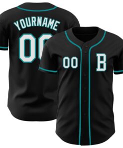Custom Black White-Teal Authentic Baseball Jersey