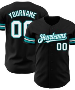 Custom Black White-Teal Authentic Baseball Jersey