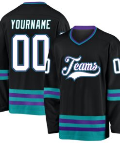 Custom Black White-Teal Hockey Jersey