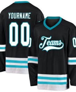 Custom Black White-Teal Hockey Jersey