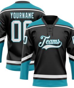 Custom Black White-Teal Hockey Lace Neck Jersey