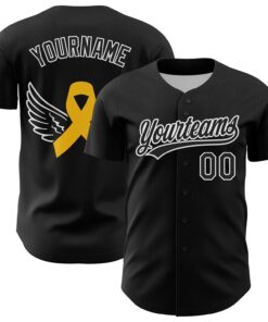Custom Black White-Yellow 3D Childhood Cancer Gold Ribbon Authentic Baseball Jersey