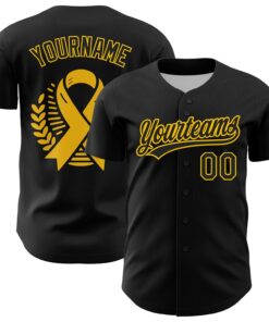 Custom Black Yellow 3D Childhood Cancer Gold Ribbon Authentic Baseball Jersey
