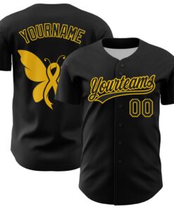 Custom Black Yellow 3D Childhood Cancer Gold Ribbon Authentic Baseball Jersey