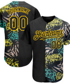 Custom Black Yellow 3D Pattern Design Hawaii Tropical Palm Leaves With Animal Print Authentic Baseball Jersey