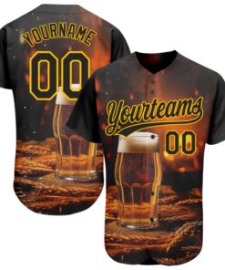 Custom Black Yellow 3D Pattern Design International Beer Day Authentic Baseball Jersey