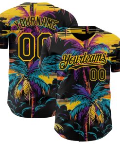 Custom Black Yellow 3D Pattern Design Tropical Hawaii Palms Trees Authentic Baseball Jersey