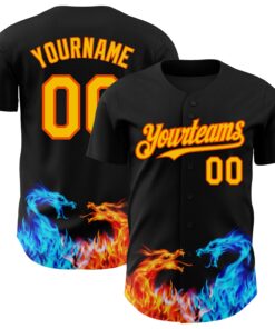 Custom Black Yellow-Orange 3D Pattern Design Fire Dragon Authentic Baseball Jersey