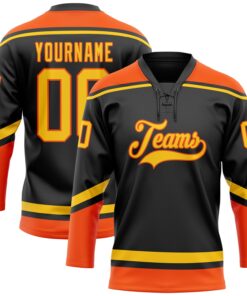 Custom Black Yellow-Orange Hockey Lace Neck Jersey