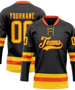 Custom Black Yellow-Orange Hockey Lace Neck Jersey