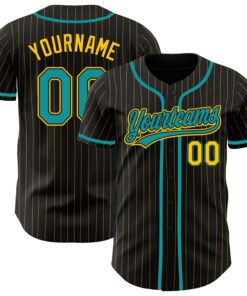 Custom Black Yellow Pinstripe Teal Authentic Baseball Jersey