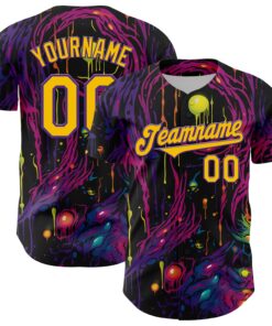 Custom Black Yellow-Purple 3D Pattern Design Rave Tree With Eye Authentic Baseball Jersey