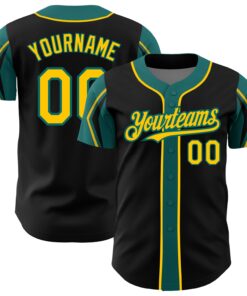 Custom Black Yellow-Teal 3 Colors Arm Shapes Authentic Baseball Jersey