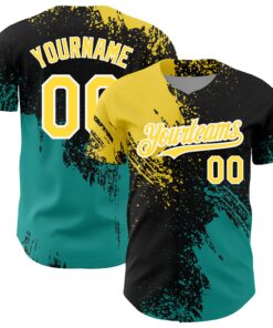 Custom Black Yellow-Teal 3D Pattern Design Abstract Brush Stroke Authentic Baseball Jersey