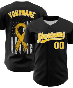 Custom Black Yellow-White 3D Childhood Cancer Gold Ribbon American Flag Authentic Baseball Jersey