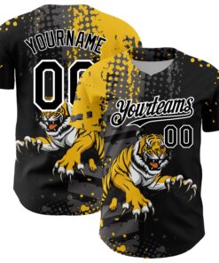 Custom Black Yellow-White 3D Pattern Design Animal Tiger Authentic Baseball Jersey