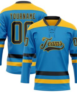 Custom Blue Black-Gold Hockey Lace Neck Jersey