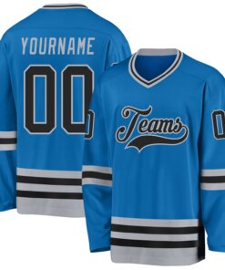 Custom Blue Black-Gray Hockey Jersey