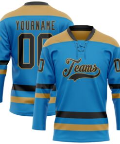 Custom Blue Black-Old Gold Hockey Lace Neck Jersey