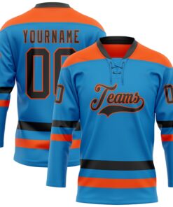 Custom Blue Black-Orange Hockey Lace Neck Jersey