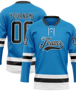 Custom Blue Black-White Hockey Lace Neck Jersey