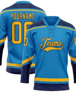 Custom Blue Gold-Navy Hockey Lace Neck Jersey