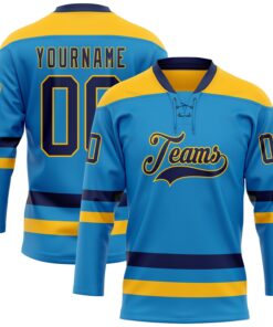Custom Blue Navy-Gold Hockey Lace Neck Jersey